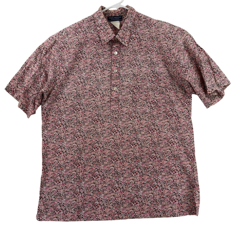 Vintage Mark Raysten Polo Shirt Mens Large Pink Floral Hawaiian Top Made Hawaii